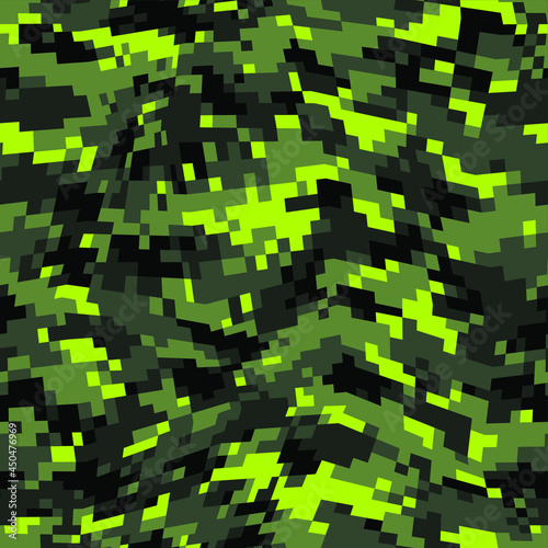 Pixel camouflage texture seamless pattern. Abstract modern digital curve geometric dotted camo ornament for fabric and fashion textile print. Vector background.