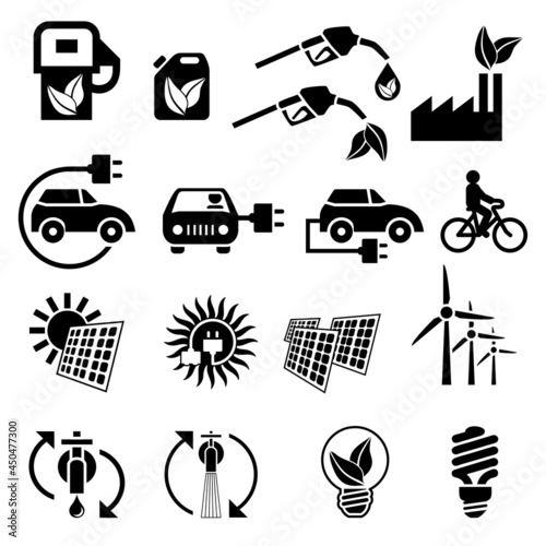 Ensemble de pictogrammes sur le thème de l’écologie, carburant vert, voiture électrique, vélo, panneaux solaires, éoliennes, recyclage de l’eau, LED.