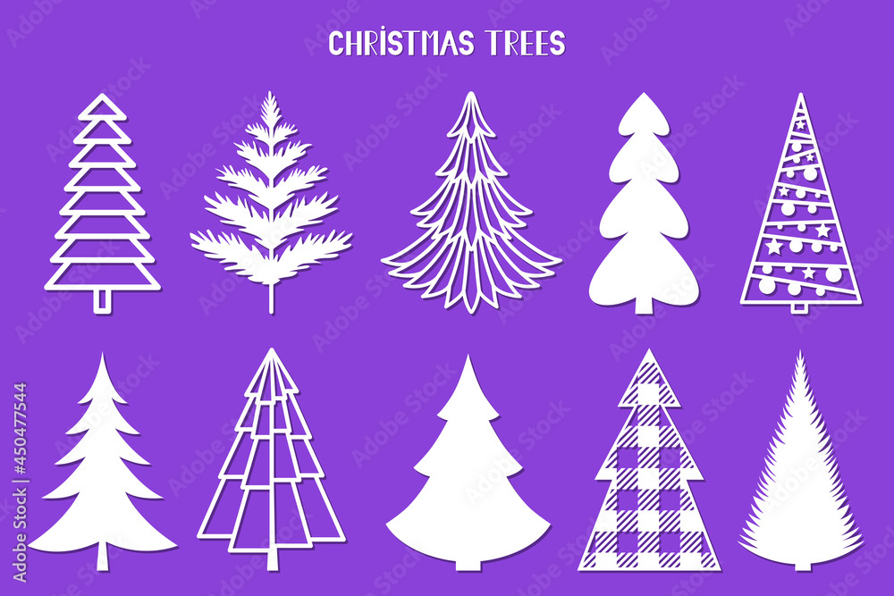 Obraz premium Christmas tree silhouette. Vector set template for laser, paper cutting. Decorative ornate illustration. Trees for cards, flyers, print. Modern design for winter holidays. Home decoration.