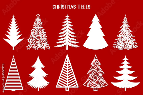 Christmas tree silhouette. Vector set template for laser, paper cutting. Decorative ornate illustration. Trees for cards, flyers, print. Modern design for winter holidays. Home decoration.