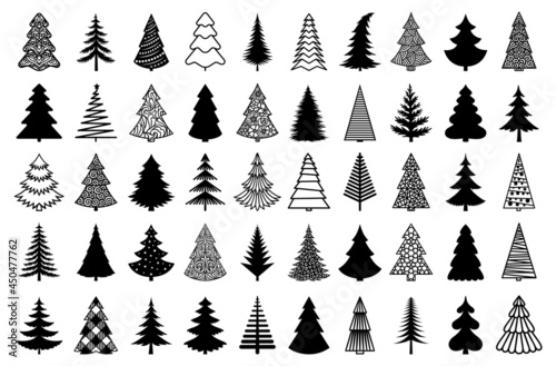 Christmas tree black silhouette. Vector set template for laser, paper cutting. Decorative ornate illustration. Trees for cards, flyers, print. Modern design for winter holidays. Home decoration.