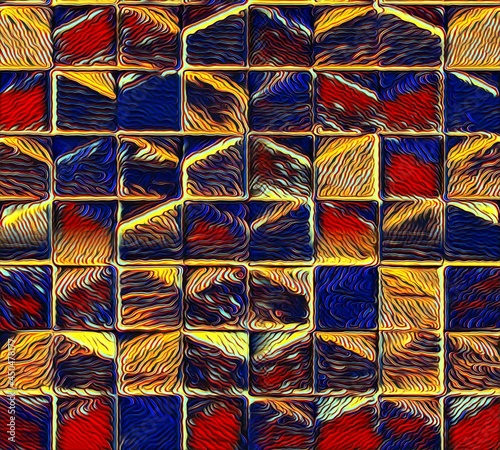 dark blue red and yellow gold contour lines making unique geometric design triangles and squared patterns