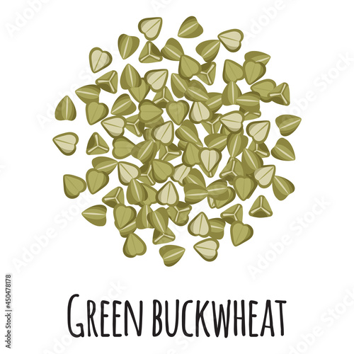 Green buckwheat for template farmer market design, label and packing. Natural energy protein organic super food.