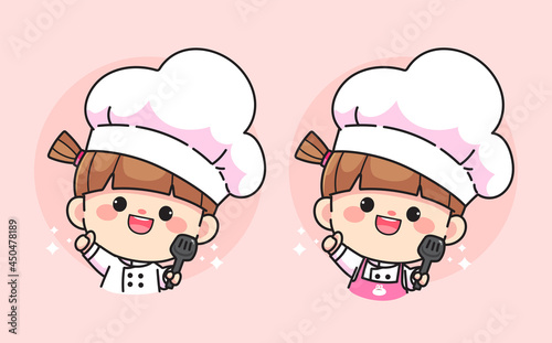 Cute Chef girl smiling holding Spatula logo hand drawn cartoon art illustration