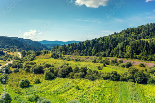 View of the meadow on the slope of the mountain on a summer sunny day