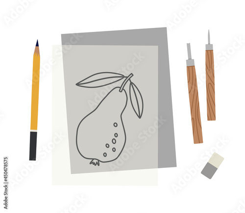 Hand-drawn tools for lino cutting. The process of transferring a sketch to lino block. Tracing paper with a sketch, pencil, eraser, lino cutter. Vector illustration of art supplies.