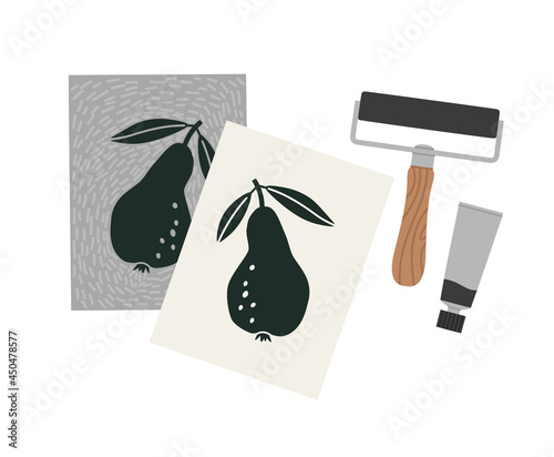 Hand-drawn tools for lino cutting. The process of transferring a picture from lino block to paper. Lino block, roller, lino ink. Vector illustration of art supplies.