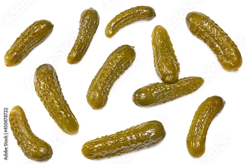marinated pickled cucumbers isolated on white background. Clipping path and full depth of field. Top view