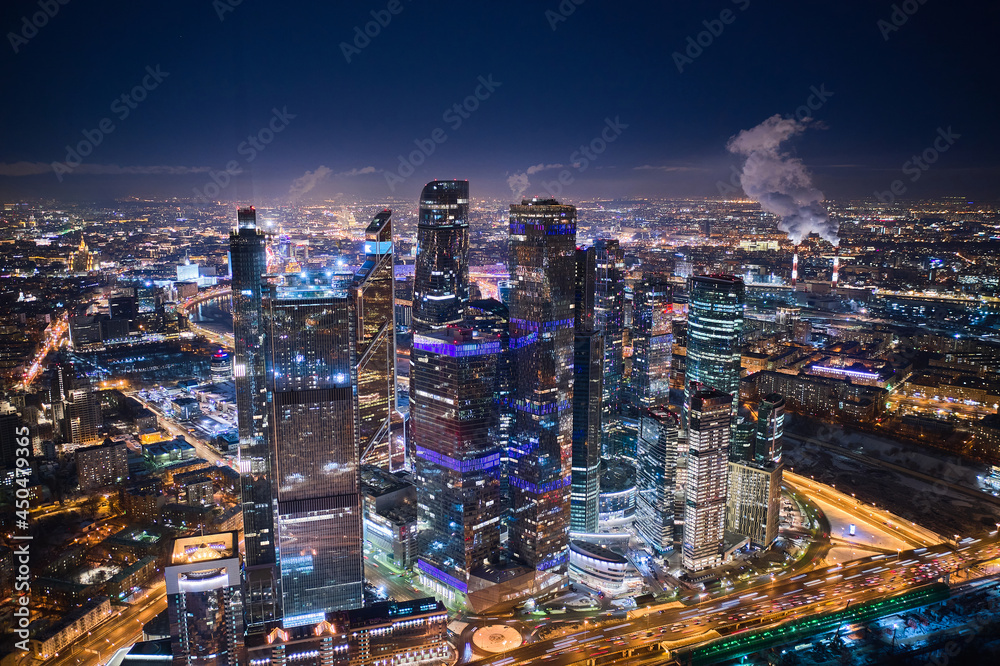Fototapeta premium Aerial of Moscow International Business Center at night