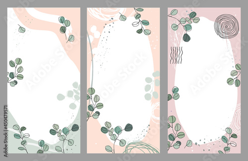 Set of Silver dollar eucalyptus branches vector templates. Design for social media stories, event invitations, cards, shop advertizing banners. Simple frame abstract background with space for text