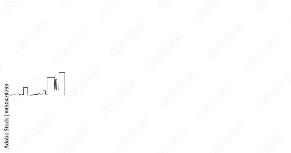 Self drawing animation of Modern cityscape. Metropolis architecture panoramic landscape continuous one line drawing. New York skyscrapers hand drawn silhouette.