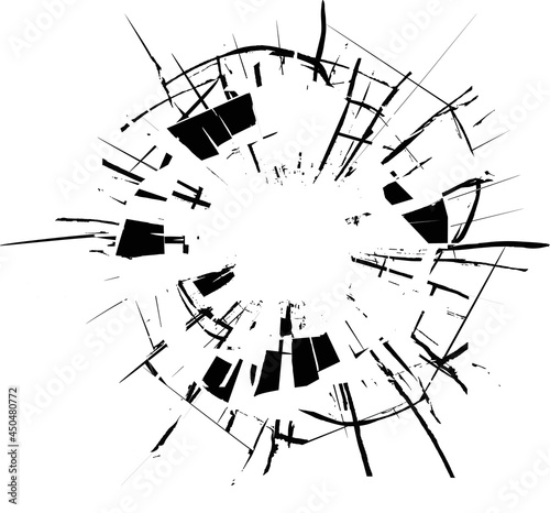 Broken glass, cracks, bullet marks on glass. High resolution. Texture glass with black hole. EPS 10
