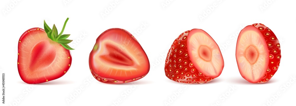 Strawberry fruits set with strawberries of pieces element in the middle on white background. Realistic vector in 3D illustration.
