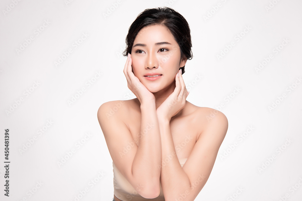 Beautiful young asian woman with clean fresh skin on white background, Face care, Facial treatment, Cosmetology, beauty and spa, Asian women portrait.
