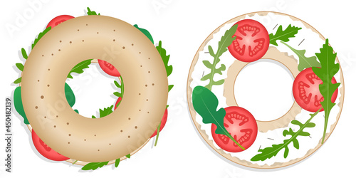 Traditional round bagels top view. Covered with poppy bagel bun. Rustic circle sandwich with cottage cream cheese, tomato slice and salad leaves. Healthy lunch organic fast food Colorful flat vector