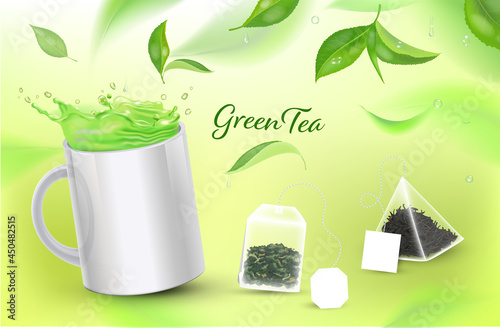 Realistic cup with green tea and tea bags and leaves. Design element for tea ads and package. Vector