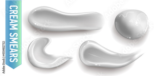 Set of realistic cosmetic cream smears. Skincare product of different body colors. Lotion smooth smear isolated vector texture on white background.