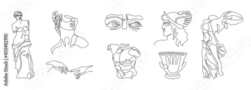 One line ancient greek statues. Hand drawn antique sculptures, mythology characters knight vase. Vector art