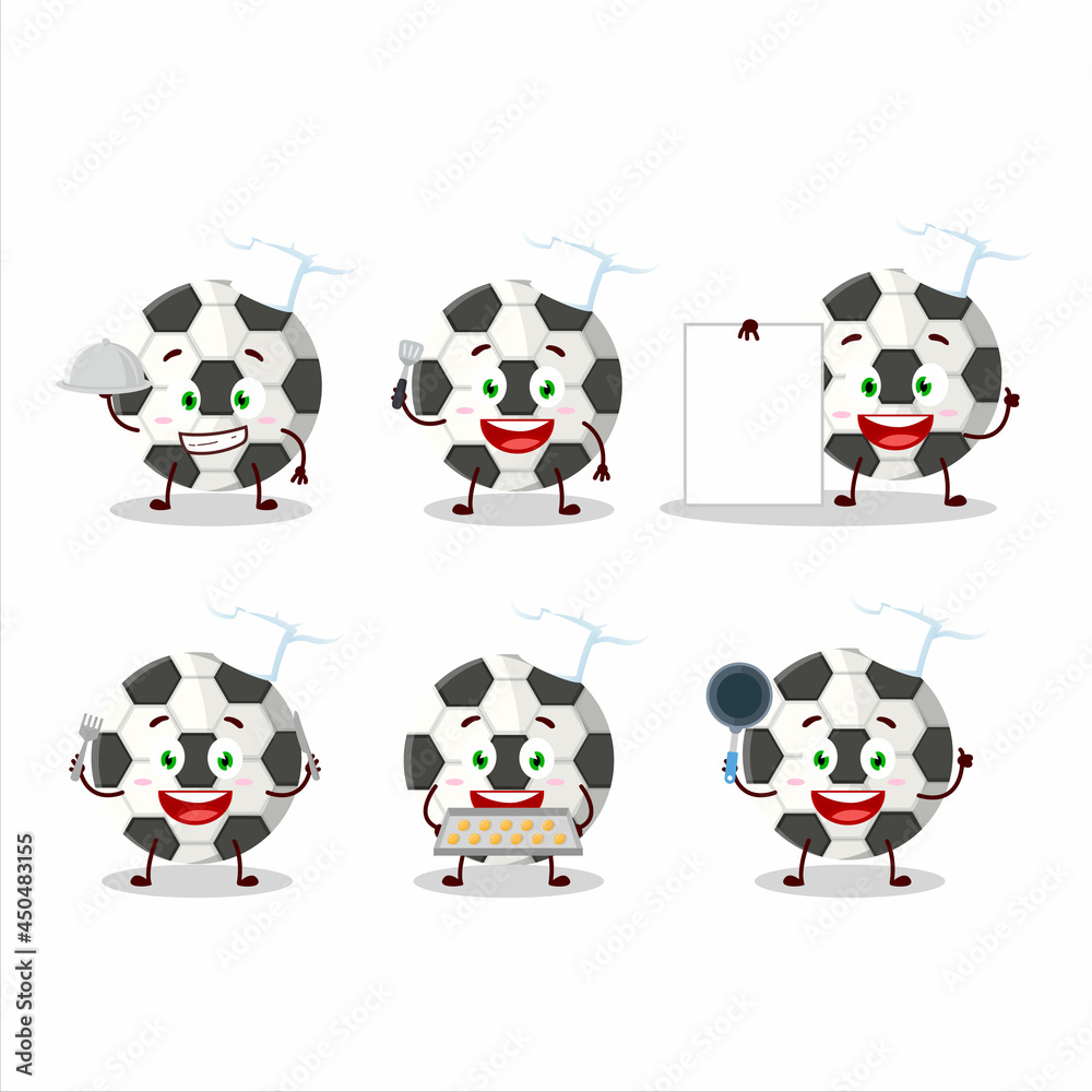 Cartoon character of soccer ball with various chef emoticons
