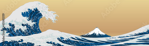 Big wave. Ukiyo-e style, Ukiyoe (Japanese woodblock prints), sea, wave, Mt.fuji, vector illustration, copy space, Katsushika Hokusai, landscape, web header, banner, background, mountain