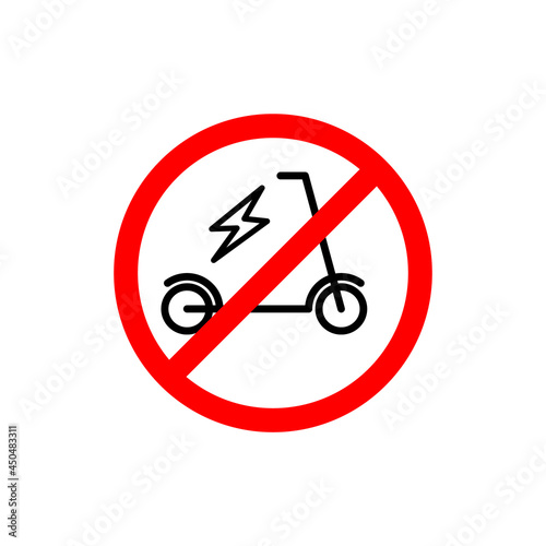 Electric scooter prohibited sign. No E-scooter allowed icon. Traffic ban symbol. Forbidden area for driving scooters. Pedestrian zone. Accident prevention warning. Vector illustration, flat, clip art