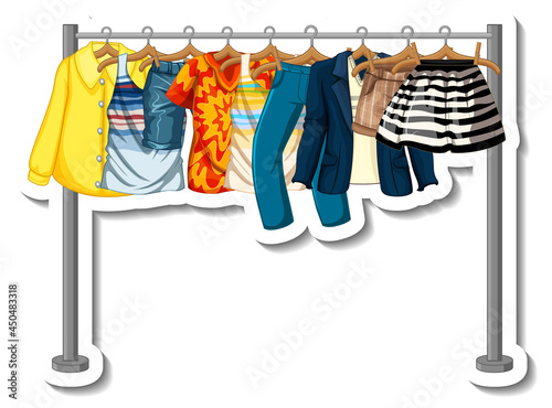 A sticker template of Clothes racks with many clothes on hangers on white background