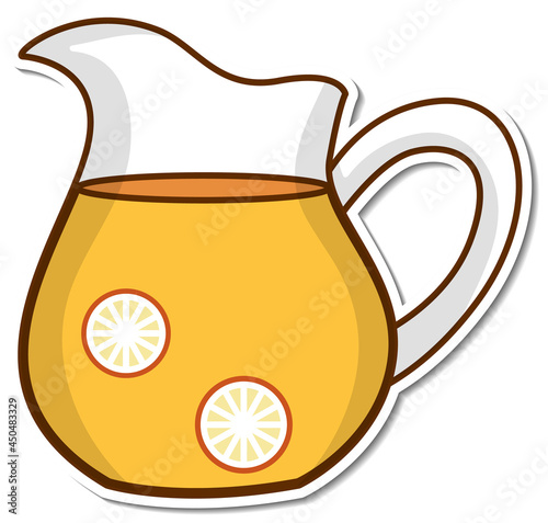 Sticker pitcher of orange juice on white background