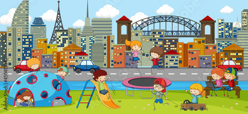 Outdoor scene with many kids playing in the park