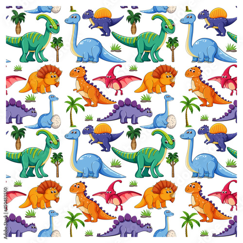 Fototapeta Naklejka Na Ścianę i Meble -  Seamless pattern with various dinosaurs and nature elements on white background