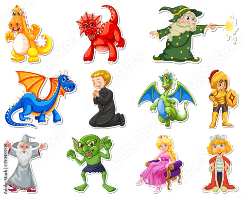 Sticker set with different fairytale cartoon characters