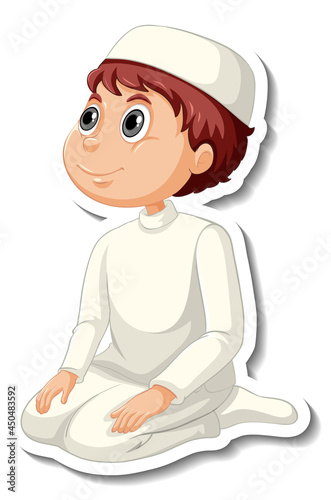 Photography A sticker template with Muslim boy in praying pose cartoon character