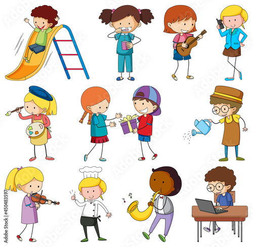 Set of different doodle kids cartoon character isolated
