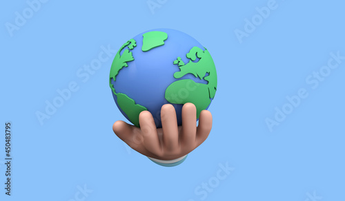 Fototapeta Naklejka Na Ścianę i Meble -  Cartoon style hand holding a planet earth. Earth day concept. 3D Render