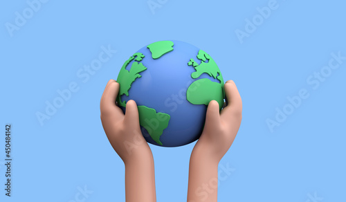 Fototapeta Naklejka Na Ścianę i Meble -  Cartoon style hand holding a planet earth. Earth day concept. 3D Render