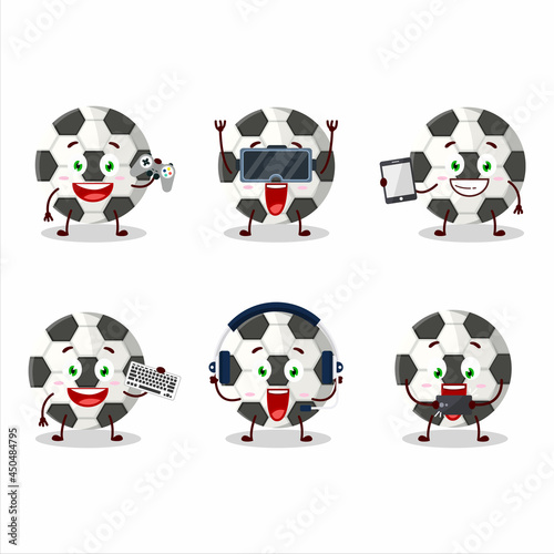 Soccer ball cartoon character are playing games with various cute emoticons