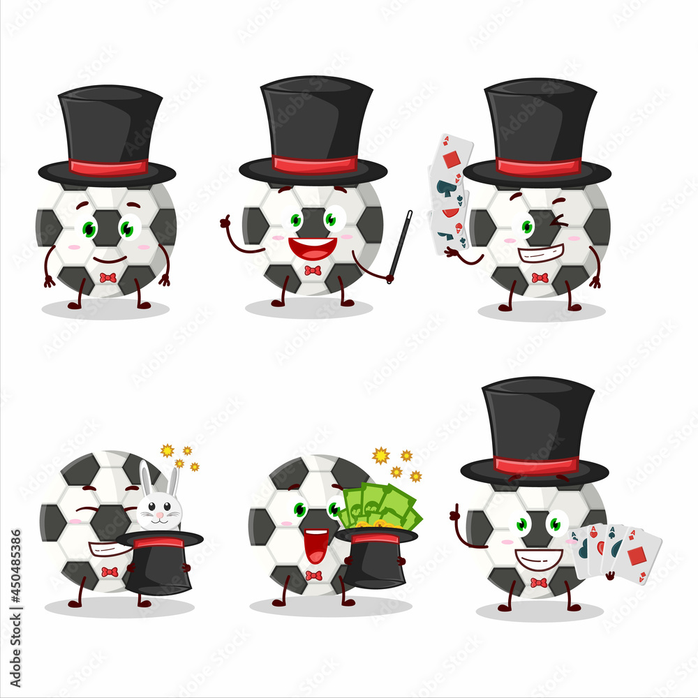 A soccer ball Magician cartoon character perform on a stage A soccer ball Magician cartoon character perform on a stage