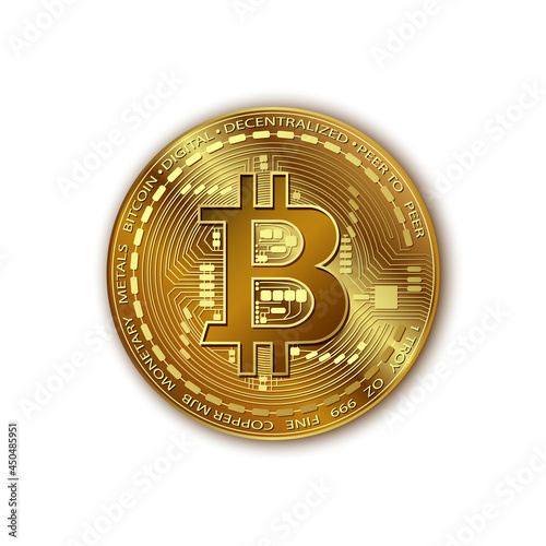 Bitcoin. Vector realistic shiny gold bitcoin with a Shadow. Golden digital cryptocurrency coin. Electronics finance money symbol. Bitcoin isolated on white background.