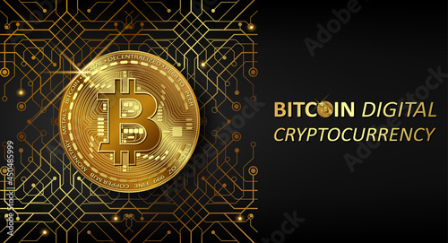 Horizontal web banner with golden bitcoin on a black background with  the inscription bitcoin digital cryptocurrency and golden computer board. Vector luxury background