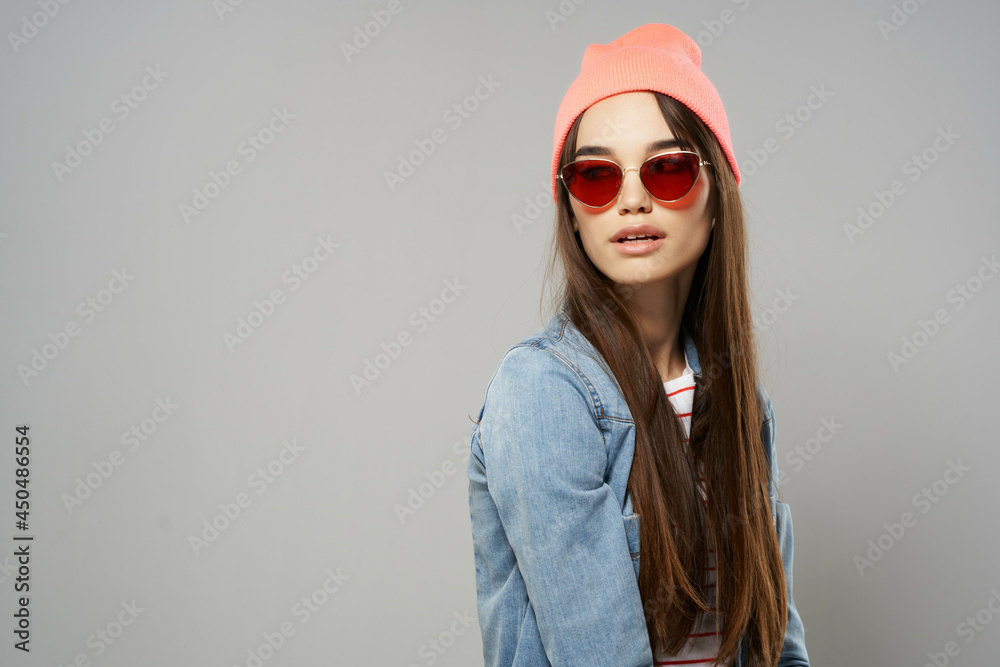 woman in denim shirt sunglasses fashion in modern style trend