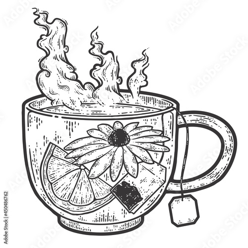 Herbal tea in a transparent cup. Sketch scratch board imitation coloring.
