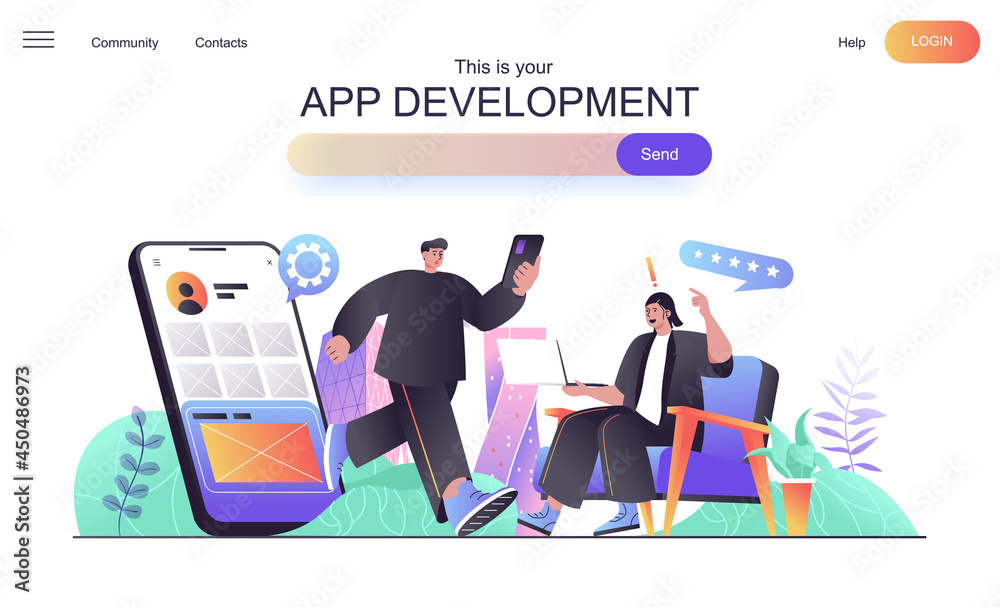 App development web concept for landing page. Developers create application mobile phone, create interface, analyze feedback banner template. Vector illustration for web page in flat cartoon design