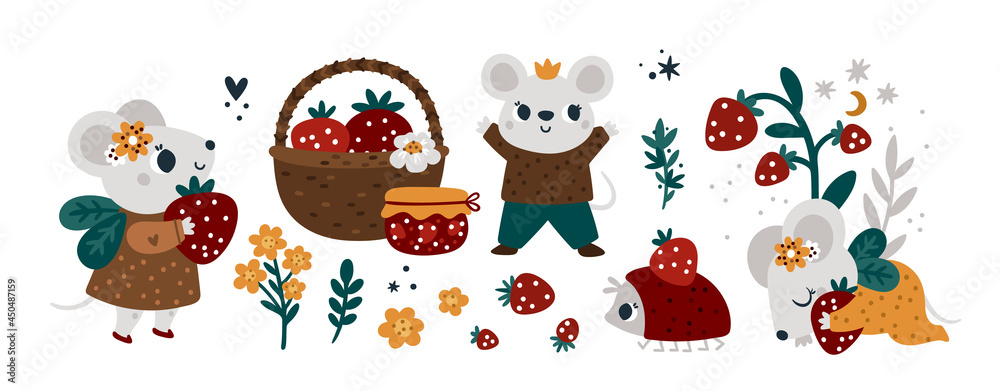Cute mouses collection with fruits. Mouse in garden collects strawberries. Mice animal bundle. Baby animals set in cartoon style for kids clothing, stickers, cards, poster, prints, room decoration.