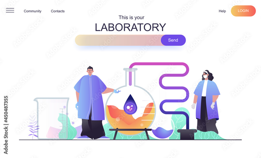 Laboratory web concept for landing page. Man and woman scientists are make test, investigating molecules or developing new drug banner template. Vector illustration for web page in flat cartoon design