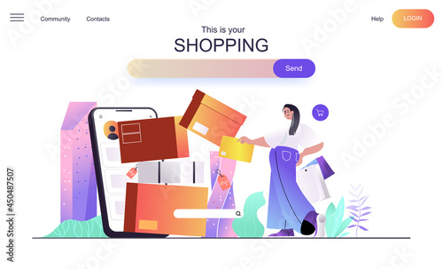 Shopping web concept for landing page. Woman shopper paying for purchases using mobile phone app, online shopping on sale banner template. Vector illustration for web page in flat cartoon design