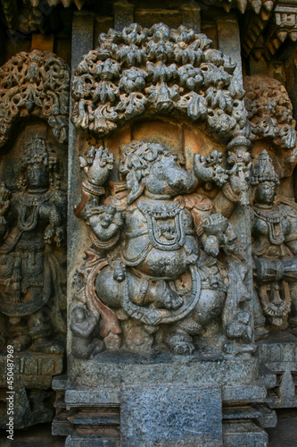 Highly detailed intrinsic carvings of 800 year old hindu temple at Somnathpur, Karnataka, India. Temple dedicated to Lord Vishnu was built by the Hoysala Dynasty.