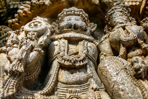 Highly detailed intrinsic carvings of 800 year old hindu temple at Somnathpur, Karnataka, India.  Temple dedicated to Lord Vishnu was built by the Hoysala Dynasty.