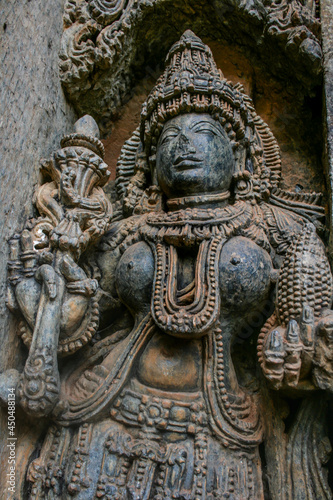 Highly detailed intrinsic carvings of 800 year old hindu temple at Somnathpur, Karnataka, India. Temple dedicated to Lord Vishnu was built by the Hoysala Dynasty.