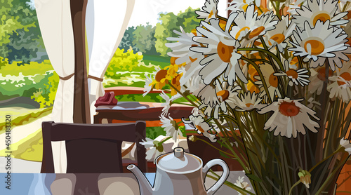 drawn summer background of a cozy feast view from the gazebo