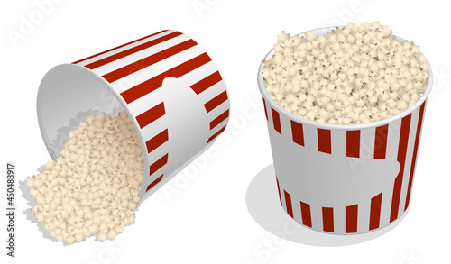 Isometric Pack of Popcorn, Bucket of Air Dessert. Leisure at the cinema. Realistic 3D vector isolated on white background