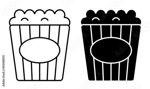 Linear icon. Packet of popcorn, bucket of airy dessert. Leisure at cinema. Simple black and white vector isolated on white background